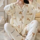 Cartoon Bear Print Pajama Set, Cute Lapel Long Sleeve Blouse Top & Elastic Waistband Pants, Women's Loungewear & Sleepwear