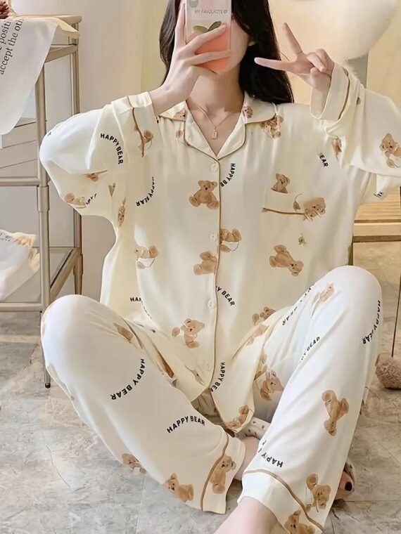 Cartoon Bear Print Pajama Set, Cute Lapel Long Sleeve Blouse Top & Elastic Waistband Pants, Women's Loungewear & Sleepwear